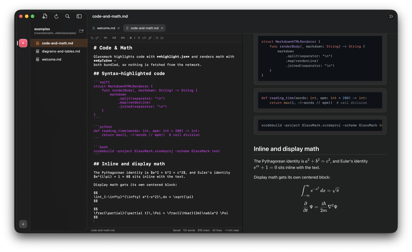 Glassmark preview showing syntax-highlighted code and rendered KaTeX mathematics.