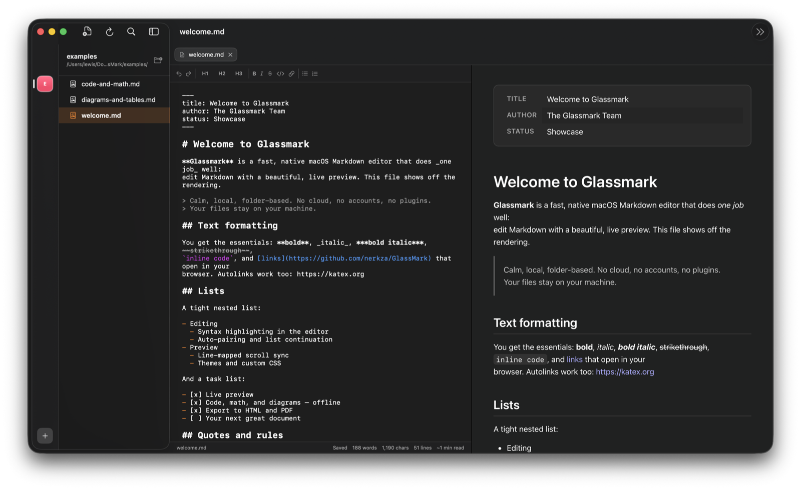 Glassmark showing a Markdown document in the editor beside its live rendered preview.